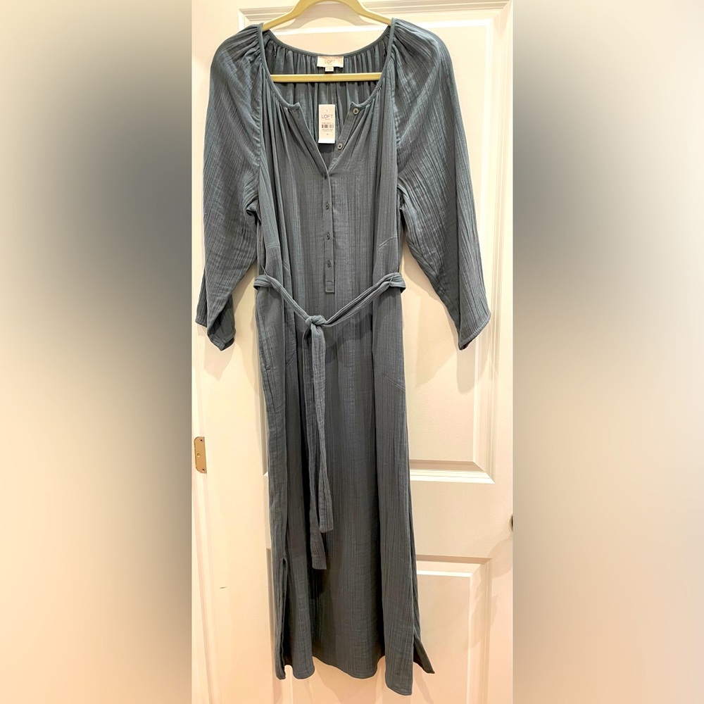 LOFT Cotton Gauze belted Dress NWT Sage Green Sz M